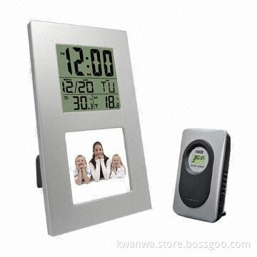 Funny photo frame clock with indoor and outdoor temperature display